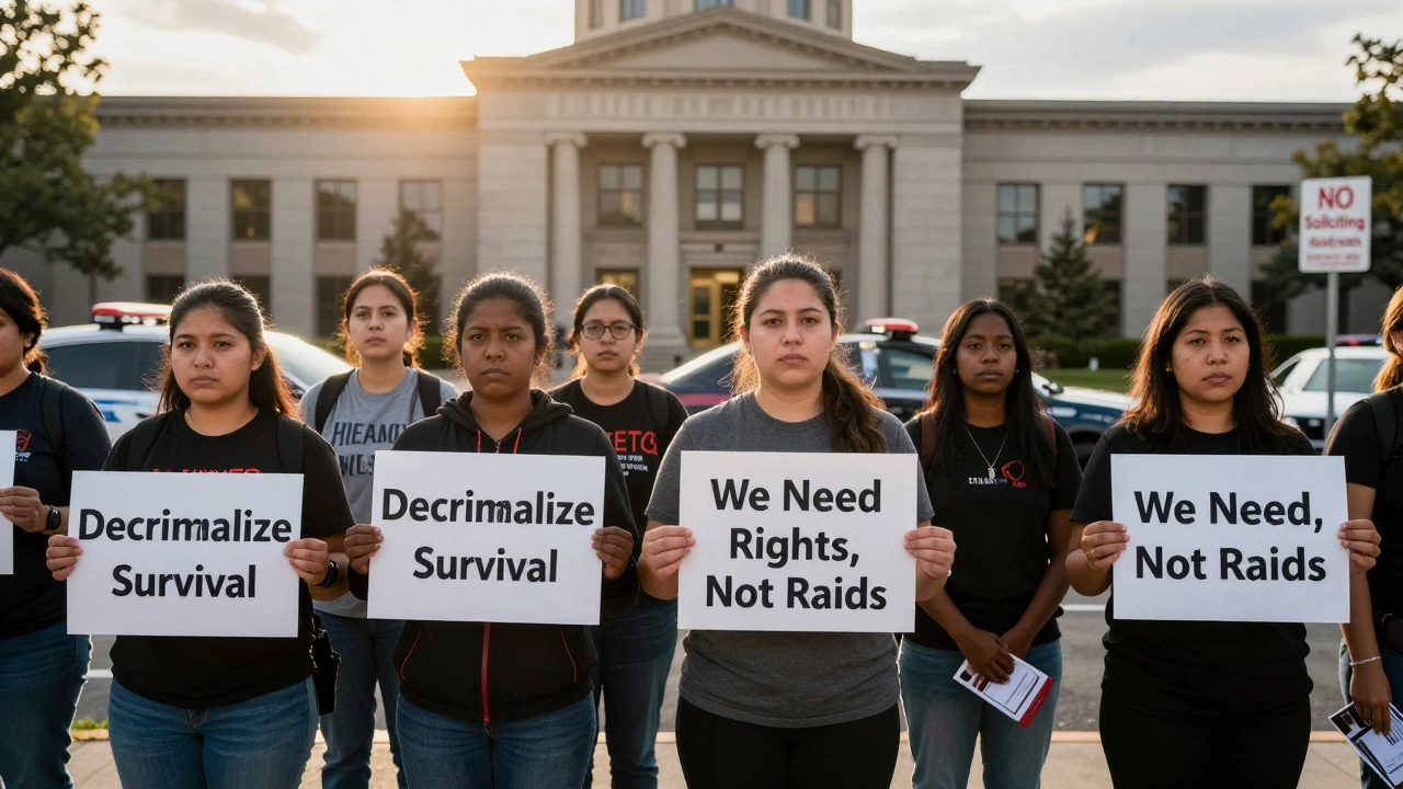 A group of sex workers stand together outside a courthouse, holding signs for decriminalization and handing out information.