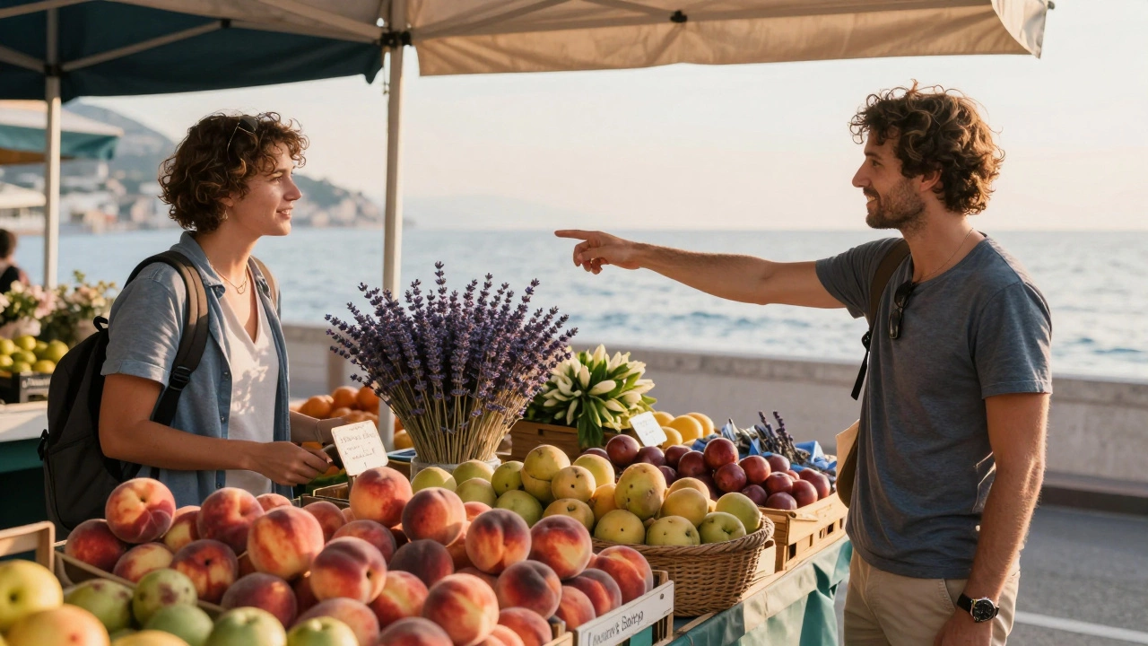 A sunrise at a vibrant Nice market, two people examining fresh fruits and flowers with the sea in the distance.