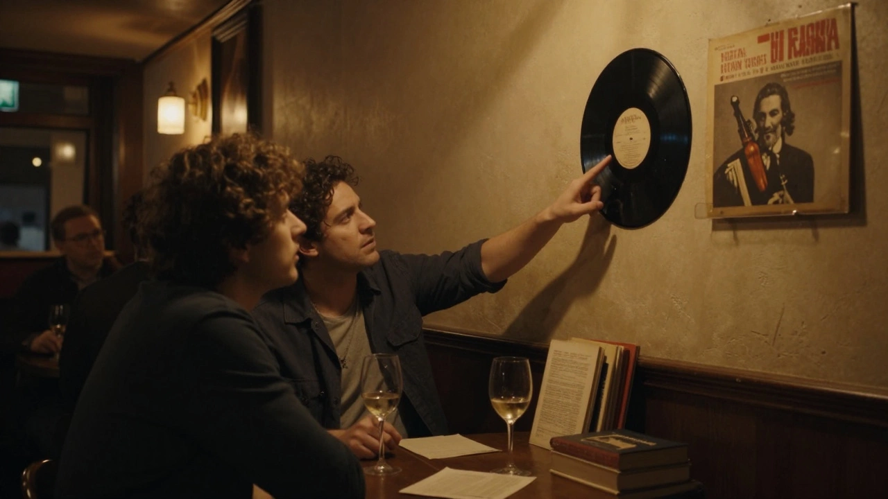 A traveler and local companion in a cozy Paris jazz bar, talking over wine while a vintage record hangs on the wall.